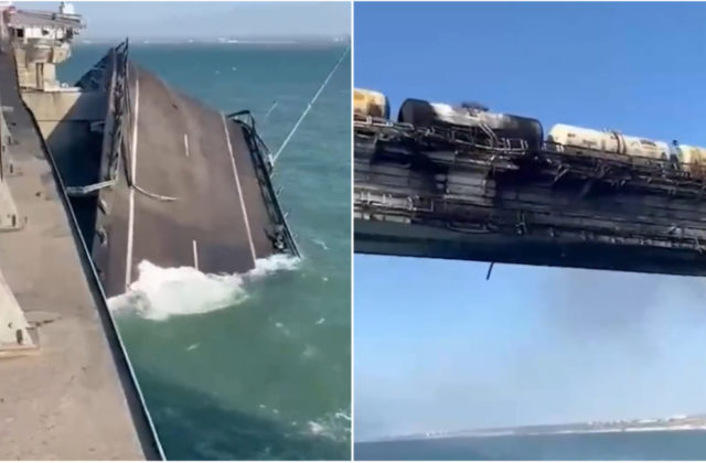 Kľúčový most spájajúci Rusko s Krymom pohltil veľký požiar, museli zastaviť dopravu (video)