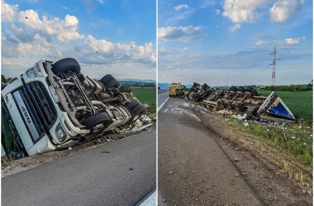 Na rýchlostnej ceste R4 sa prevrátil kamión, úsek musia dočasne uzavrieť – FOTO